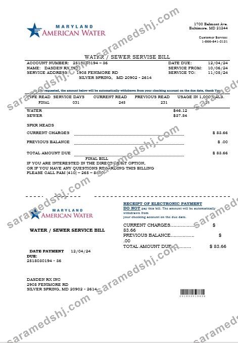 USA Maryland American water business utility bill template in Word and PDF formats